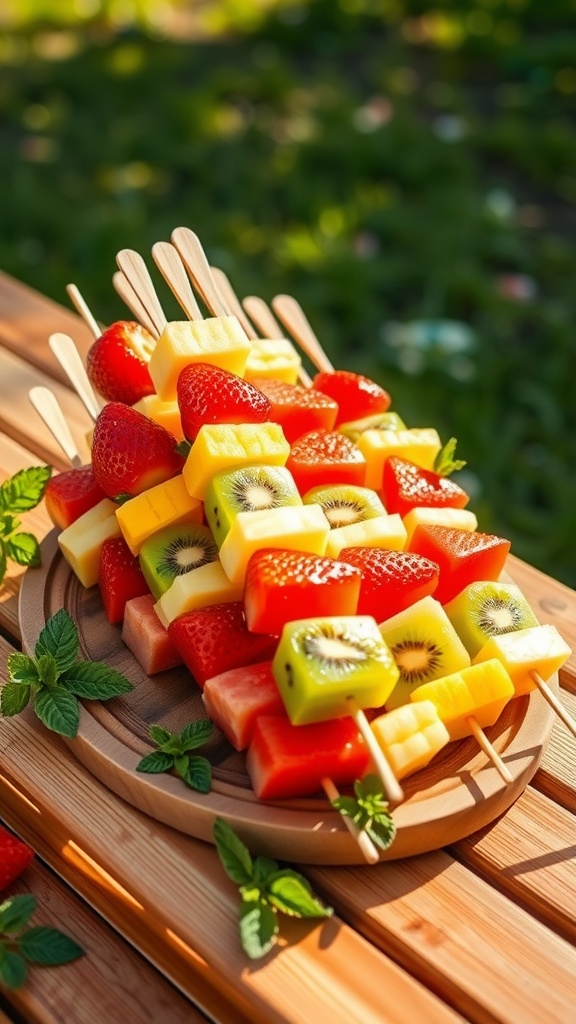 Colorful fruit skewers with strawberries, pineapple, kiwi, and watermelon, garnished with mint.